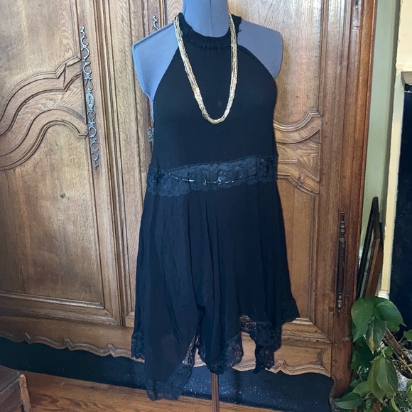 Free People Other - Intimately Free People Halter Slip Dress/Cover Up Black Crinkled Lace Asymmetric